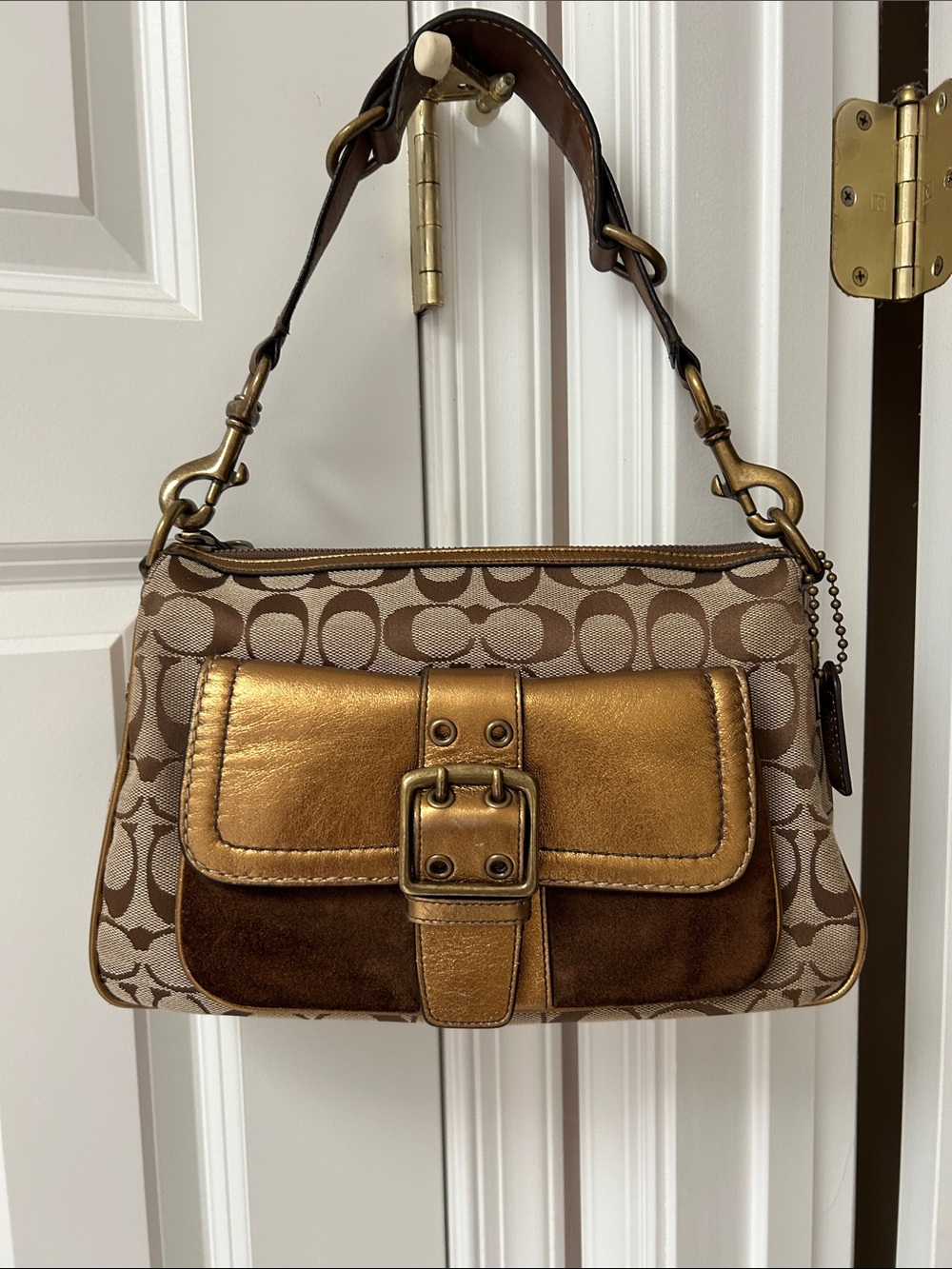 Coach Vintage Y2K Brown Signature Canvas and Metallic Leather and Suede  Bag